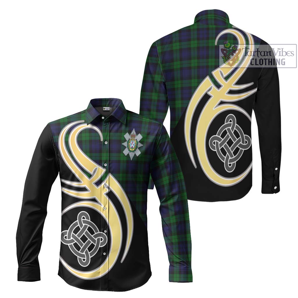 Black Watch Tartan Long Sleeve Button Shirt with Family Crest and Celtic Symbol Style Men's Shirt S - Tartan Vibes Clothing