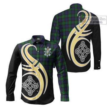 Black Watch Tartan Long Sleeve Button Shirt with Family Crest and Celtic Symbol Style