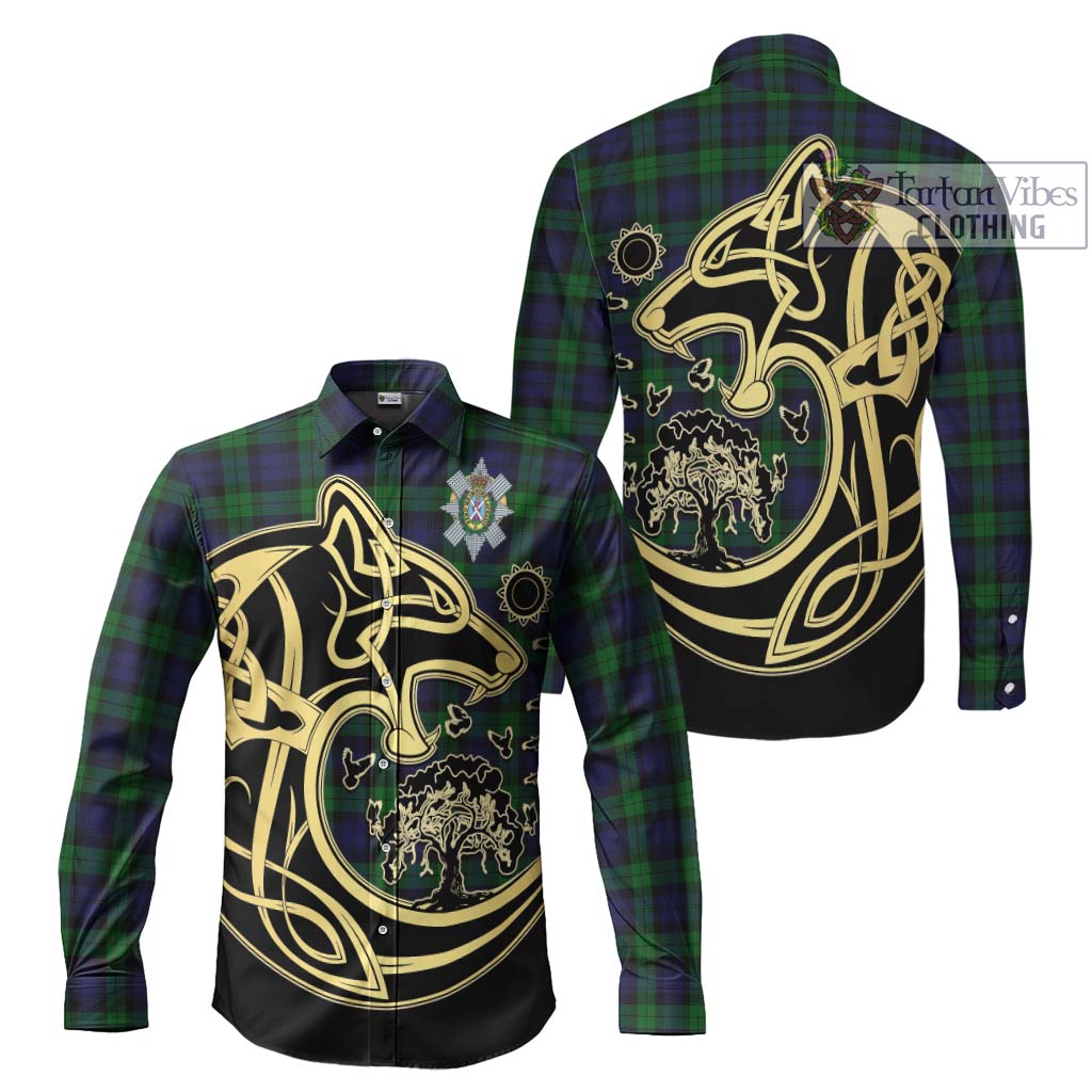 Black Watch Tartan Long Sleeve Button Shirt with Family Crest Celtic Wolf Style Men's Shirt S - Tartan Vibes Clothing