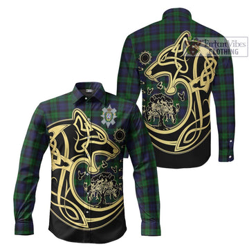 Black Watch Tartan Long Sleeve Button Shirt with Family Crest Celtic Wolf Style