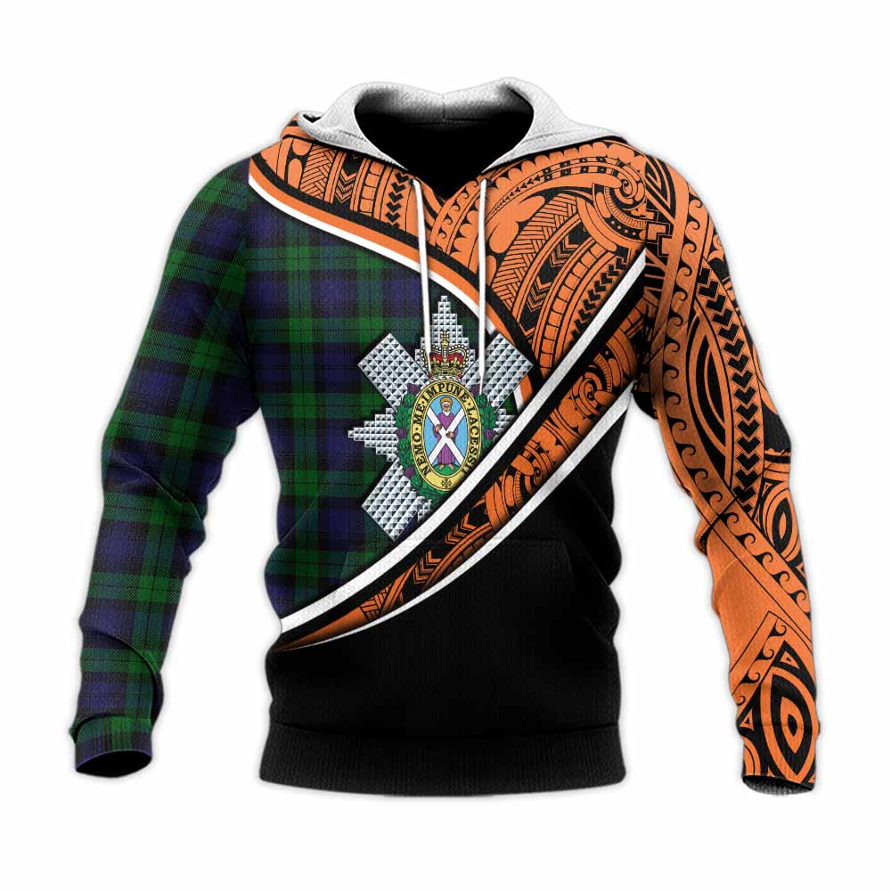 Tartan Vibes Clothing Black Watch Crest Tartan Knitted Hoodie with Maori Tattoo Style - Orange Version