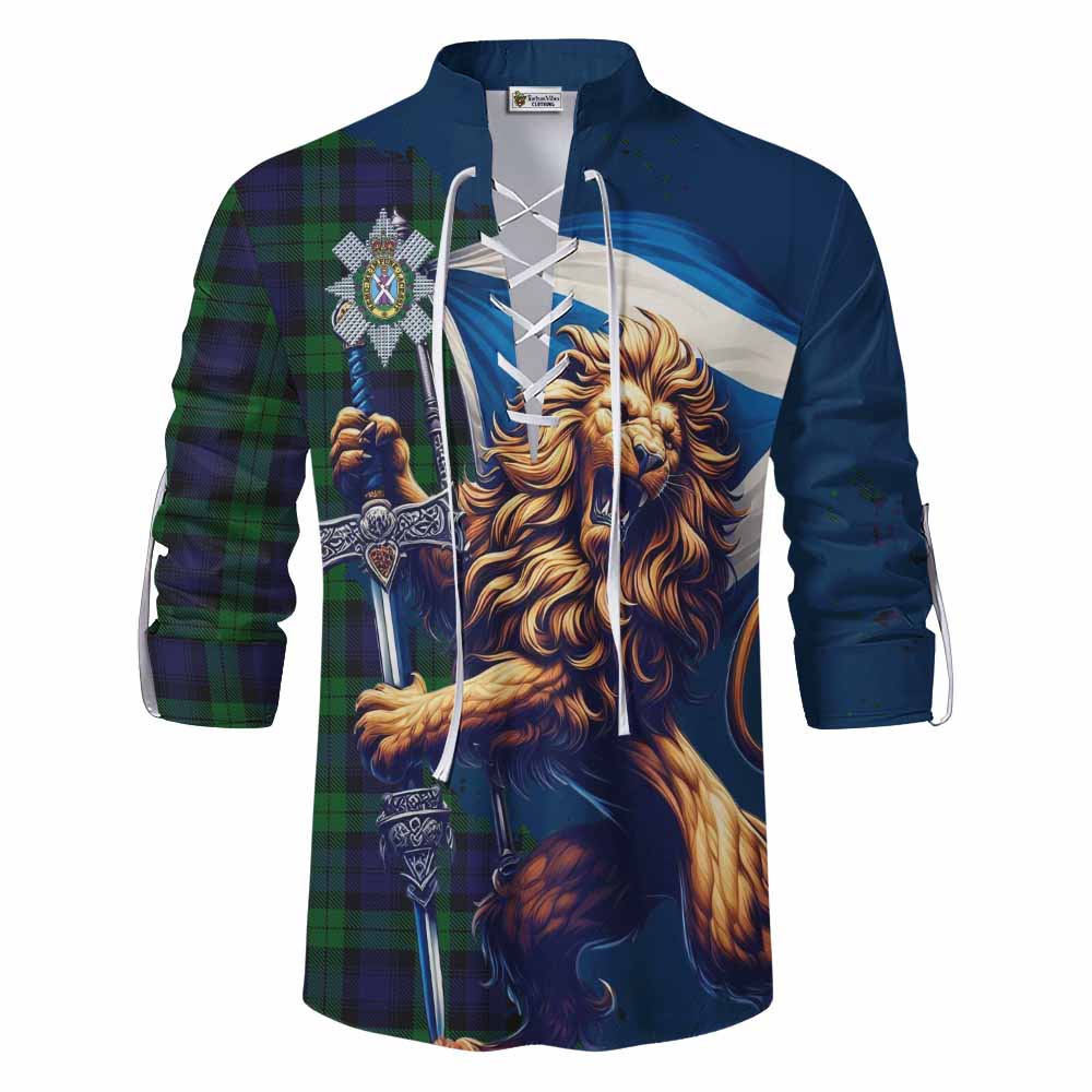 Tartan Vibes Clothing Black Watch Tartan Family Crest Ghillie Kilt Shirt with Scottish Majestic Lion