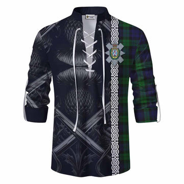 Black Watch Tartan Ghillie Kilt Shirt with Family Crest Cross Sword Thistle Celtic Vibes