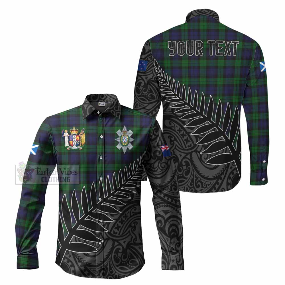 Tartan Vibes Clothing Black Watch Crest Tartan Long Sleeve Button Shirt with New Zealand Silver Fern Half Style