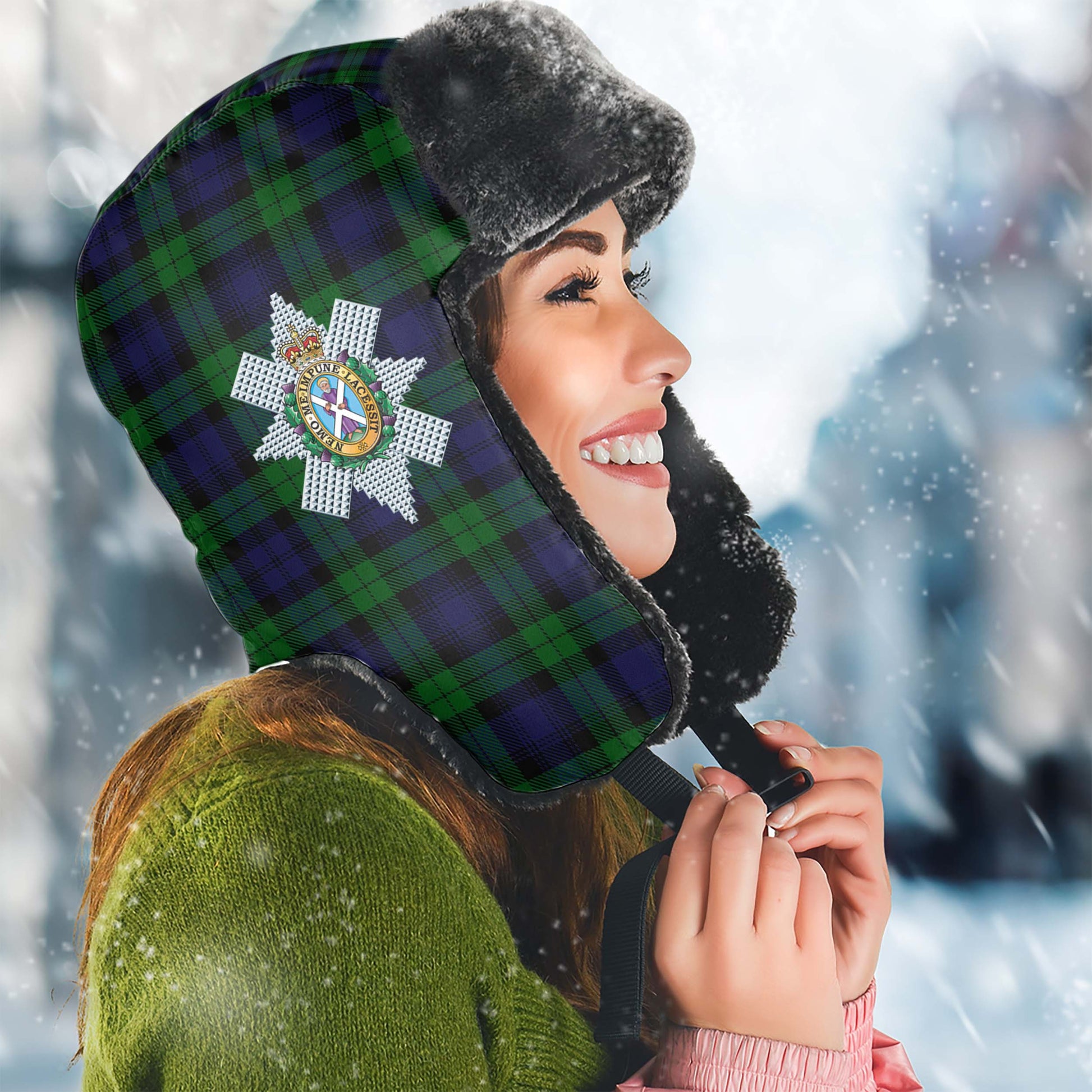 Black Watch Tartan Winter Trapper Hat with Family Crest Winter Trapper Hat Universal Fit Circumference 22.8in (58cm) - Tartanvibesclothing