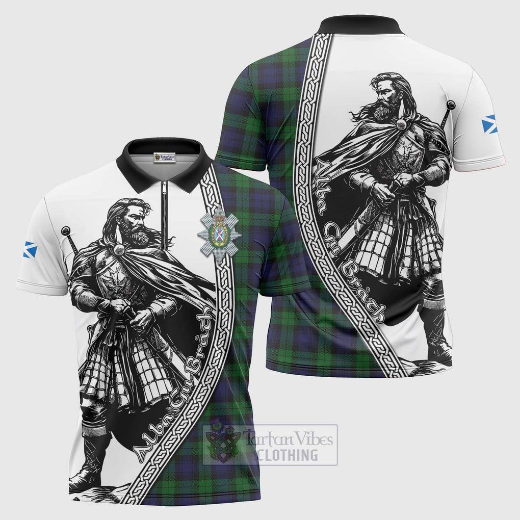 Tartan Vibes Clothing Black Watch Tartan Clan Crest Zipper Polo Shirt with Highlander Warrior Celtic Style