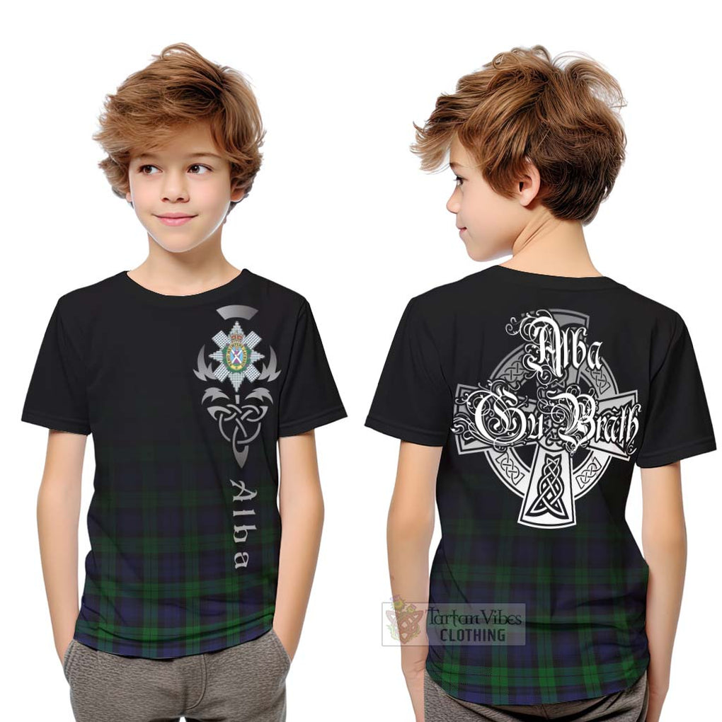 Tartan Vibes Clothing Black Watch Tartan Kid T-Shirt Featuring Alba Gu Brath Family Crest Celtic Inspired