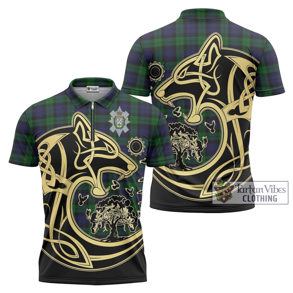 Black Watch Tartan Zipper Polo Shirt with Family Crest Celtic Wolf Style Unisex - Tartanvibesclothing Shop