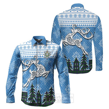 Black Watch Clan Christmas Long Sleeve Button Shirt Celtic Reindeer Style