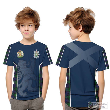 Black Watch Tartan Kid T-Shirt with Family Crest and Lion Rampant Vibes Sport Style