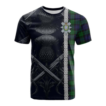 Black Watch Tartan Cotton T-shirt with Family Crest Cross Sword Thistle Celtic Vibes