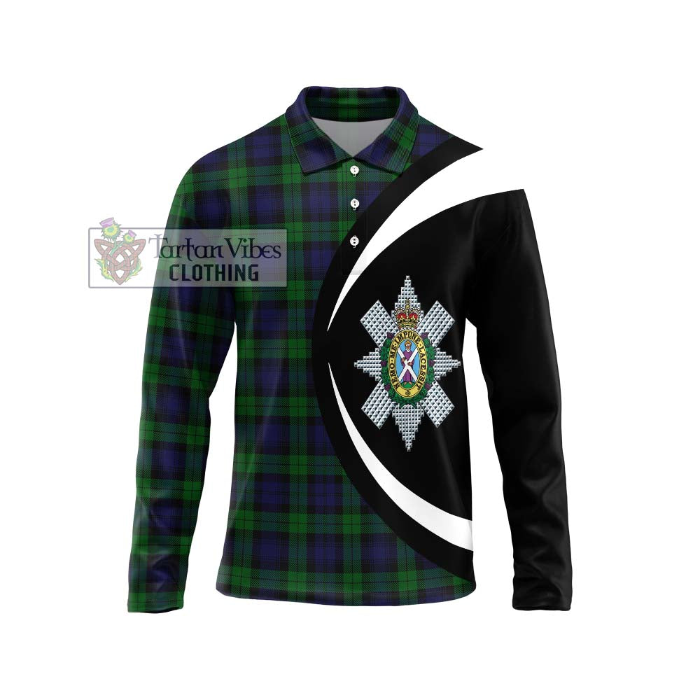 Black Watch Tartan Long Sleeve Polo Shirt with Family Crest Circle Style Unisex - Tartan Vibes Clothing