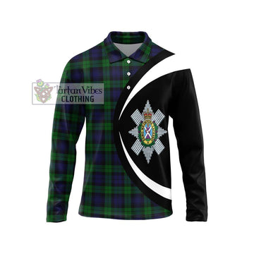 Black Watch Tartan Long Sleeve Polo Shirt with Family Crest Circle Style