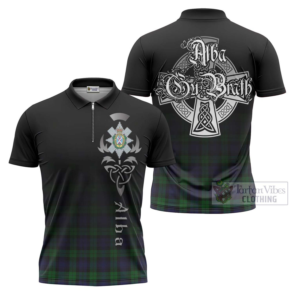 Tartan Vibes Clothing Black Watch Tartan Zipper Polo Shirt Featuring Alba Gu Brath Family Crest Celtic Inspired