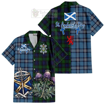 Black Watch Tartan Short Sleeve Button Shirt Happy St. Andrew's Day Half Tartan Style