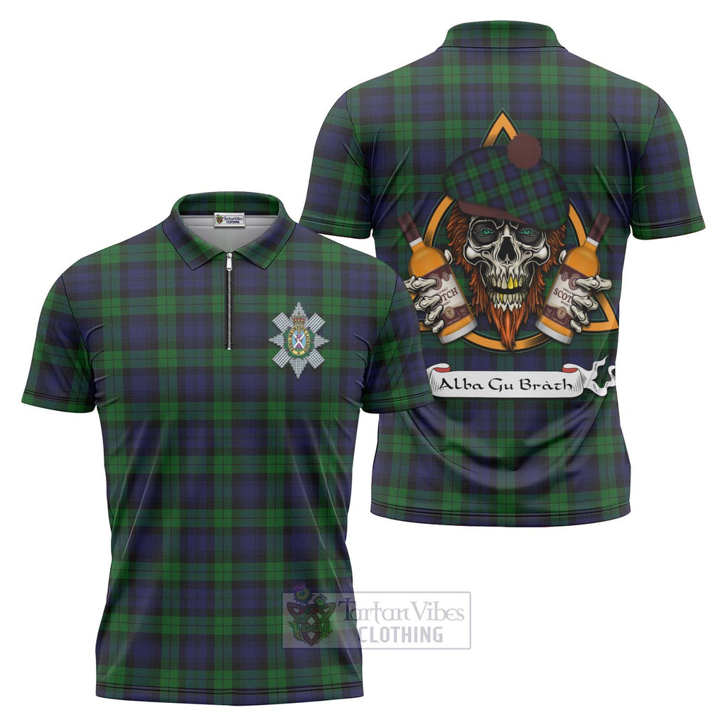 Tartan Vibes Clothing Black Watch Tartan Zipper Polo Shirt with Family Crest and Bearded Skull Holding Bottles of Whiskey