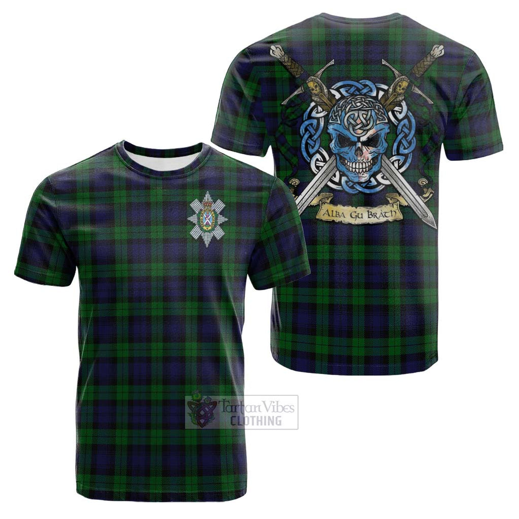 Tartan Vibes Clothing Black Watch Tartan Cotton T-shirt with Family Crest Celtic Skull Style