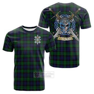 Black Watch Tartan Cotton T-shirt with Family Crest Celtic Skull Style