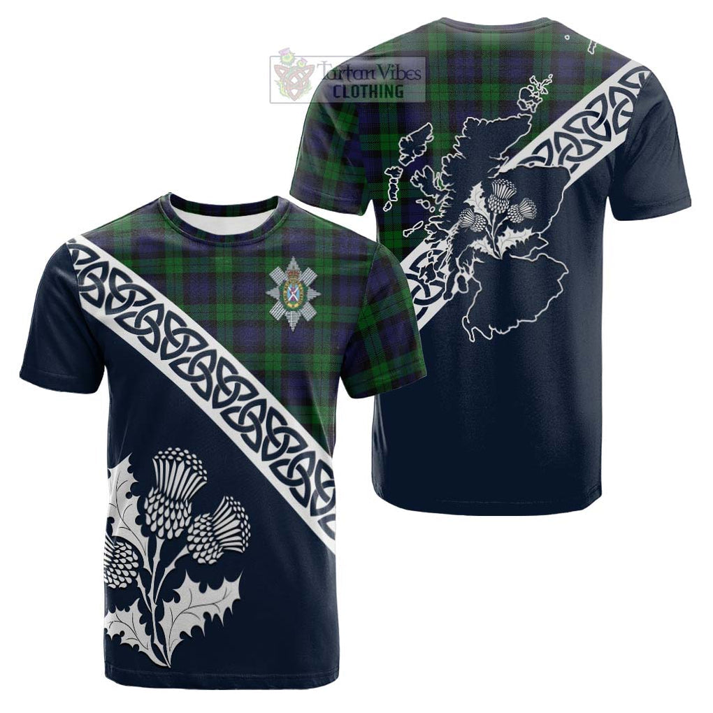 Tartan Vibes Clothing Black Watch Tartan Cotton T-shirt Featuring Thistle and Scotland Map