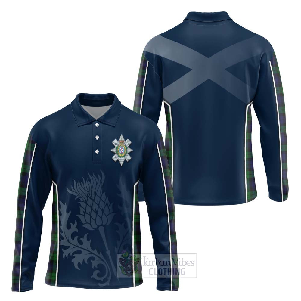 Tartan Vibes Clothing Black Watch Tartan Long Sleeve Polo Shirt with Family Crest and Scottish Thistle Vibes Sport Style