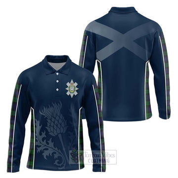 Black Watch Tartan Long Sleeve Polo Shirt with Family Crest and Scottish Thistle Vibes Sport Style