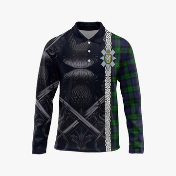 Black Watch Tartan Long Sleeve Polo Shirt with Family Crest Cross Sword Thistle Celtic Vibes