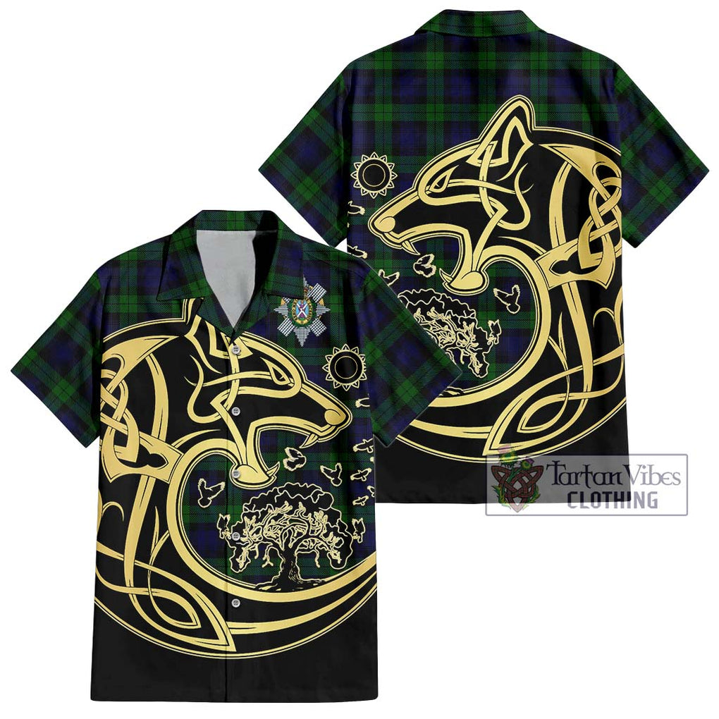 Black Watch Tartan Short Sleeve Button Shirt with Family Crest Celtic Wolf Style Kid - Tartan Vibes Clothing