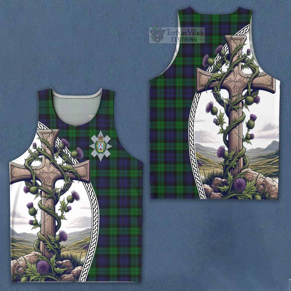 Tartan Vibes Clothing Black Watch Tartan Men's Tank Top with Family Crest and St. Andrew's Cross Accented by Thistle Vines