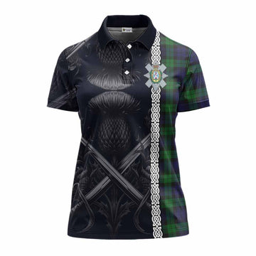 Black Watch Tartan Women's Polo Shirt with Family Crest Cross Sword Thistle Celtic Vibes