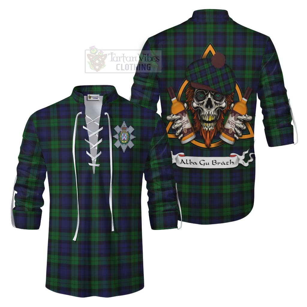 Tartan Vibes Clothing Black Watch Tartan Ghillie Kilt Shirt with Family Crest and Bearded Skull Holding Bottles of Whiskey