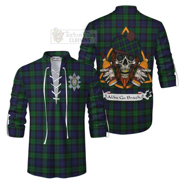 Black Watch Tartan Ghillie Kilt Shirt with Family Crest and Bearded Skull Holding Bottles of Whiskey