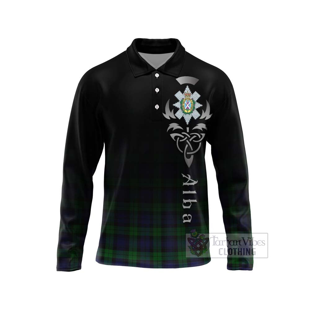 Tartan Vibes Clothing Black Watch Tartan Long Sleeve Polo Shirt Featuring Alba Gu Brath Family Crest Celtic Inspired