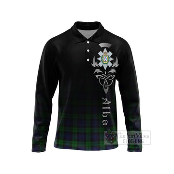 Black Watch Tartan Long Sleeve Polo Shirt Featuring Alba Gu Brath Family Crest Celtic Inspired