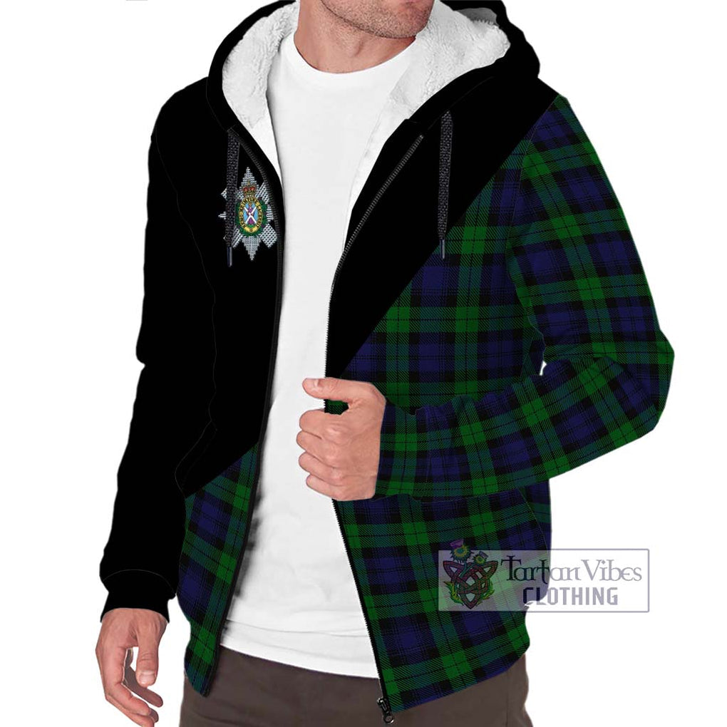 Black Watch Tartan Sherpa Hoodie with Family Crest and Military Logo Style Unisex S - Tartanvibesclothing Shop