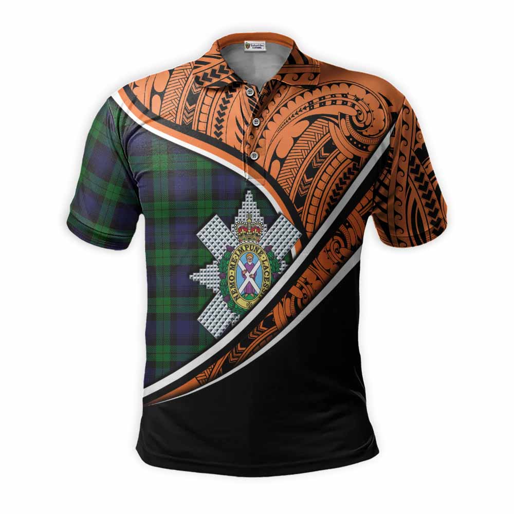 Tartan Vibes Clothing Black Watch Crest Tartan Polo Shirt with Maori Tattoo Style - Orange Version