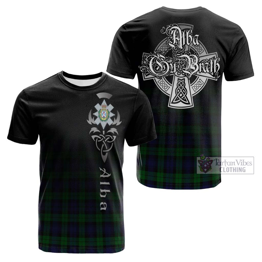 Tartan Vibes Clothing Black Watch Tartan Cotton T-shirt Featuring Alba Gu Brath Family Crest Celtic Inspired