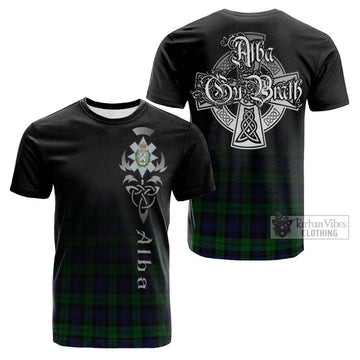 Black Watch Tartan Cotton T-shirt Featuring Alba Gu Brath Family Crest Celtic Inspired