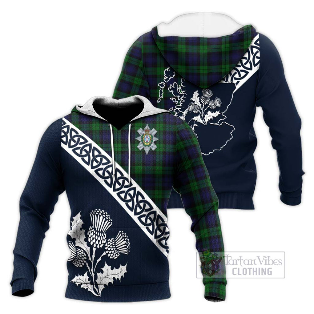 Tartan Vibes Clothing Black Watch Tartan Knitted Hoodie Featuring Thistle and Scotland Map