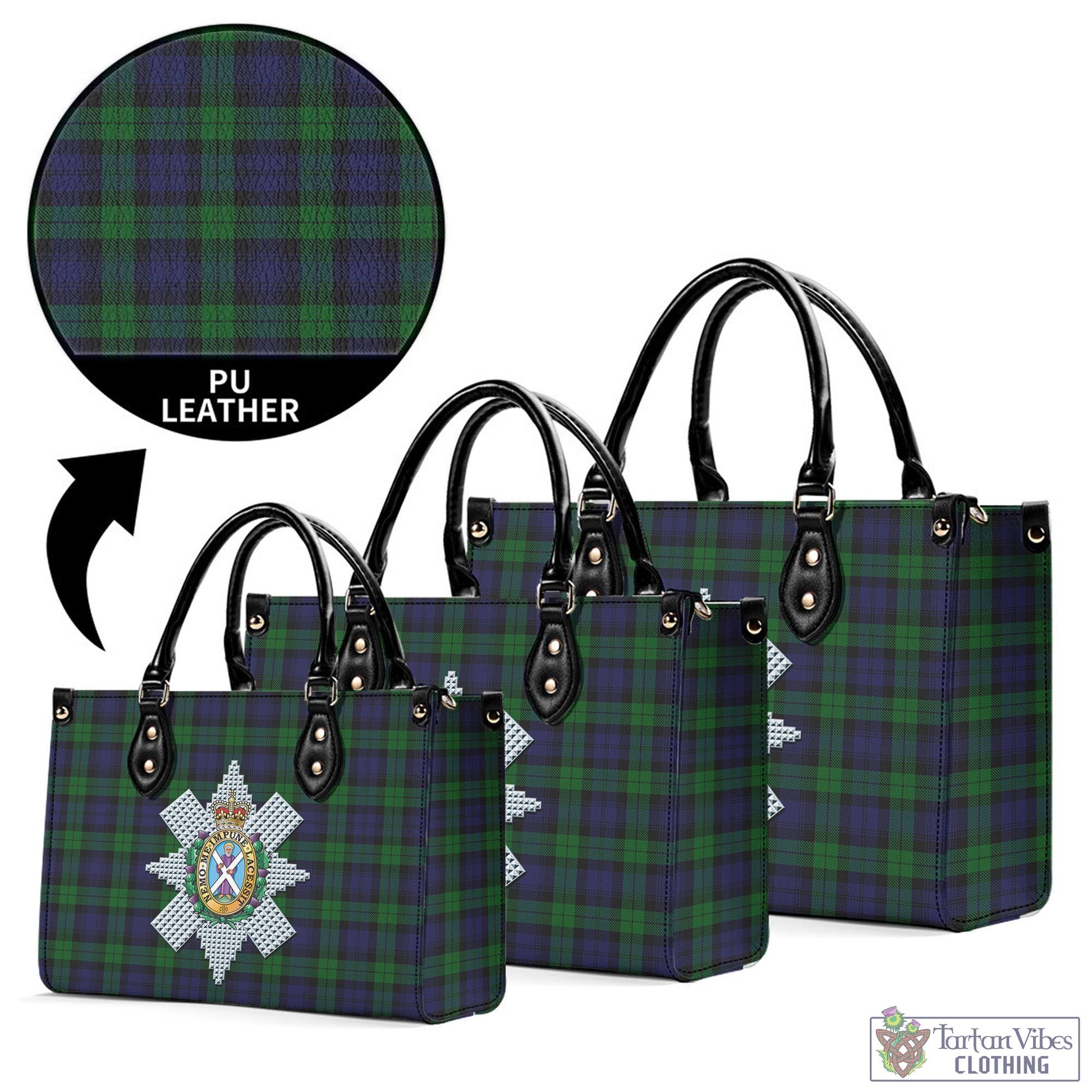 Tartan Vibes Clothing Black Watch Tartan Luxury Leather Handbags with Family Crest