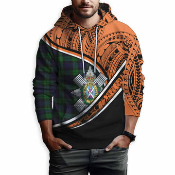 Black Watch Crest Tartan Hoodie with Polynesian Vibes Style - Orange Version