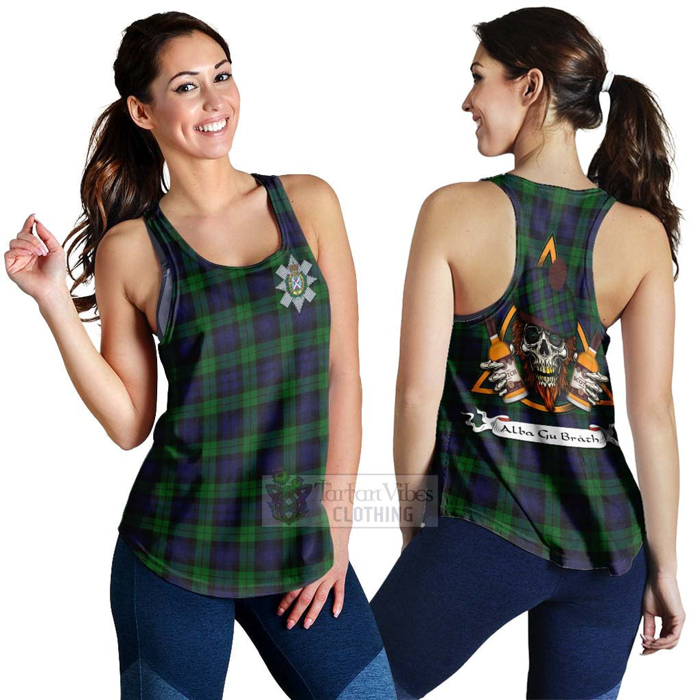 Tartan Vibes Clothing Black Watch Tartan Women's Racerback Tanks with Family Crest and Bearded Skull Holding Bottles of Whiskey