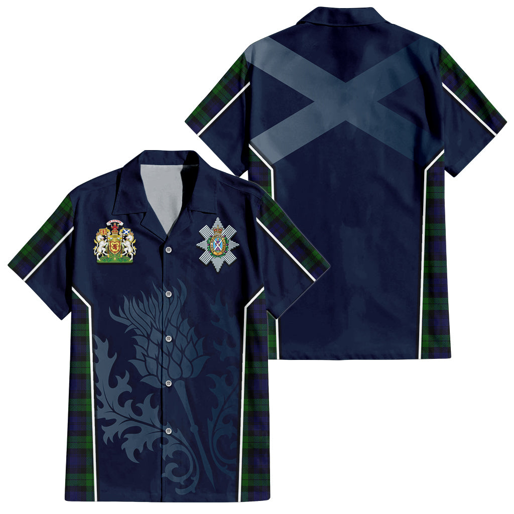 Tartan Vibes Clothing Black Watch Tartan Short Sleeve Button Up Shirt with Family Crest and Scottish Thistle Vibes Sport Style