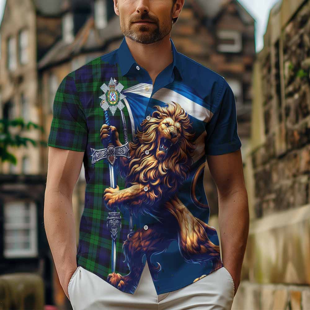 Tartan Vibes Clothing Black Watch Tartan Family Crest Short Sleeve Button Shirt with Scottish Majestic Lion