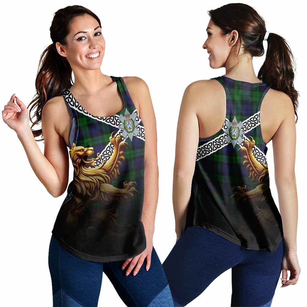Black Watch Crest Tartan Women's Racerback Tanks with Golden Lion Emblem Celtic Style 4XL - Tartan Vibes Clothing