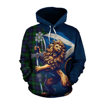 Black Watch Tartan Family Crest Cotton Hoodie with Scottish Majestic Lion