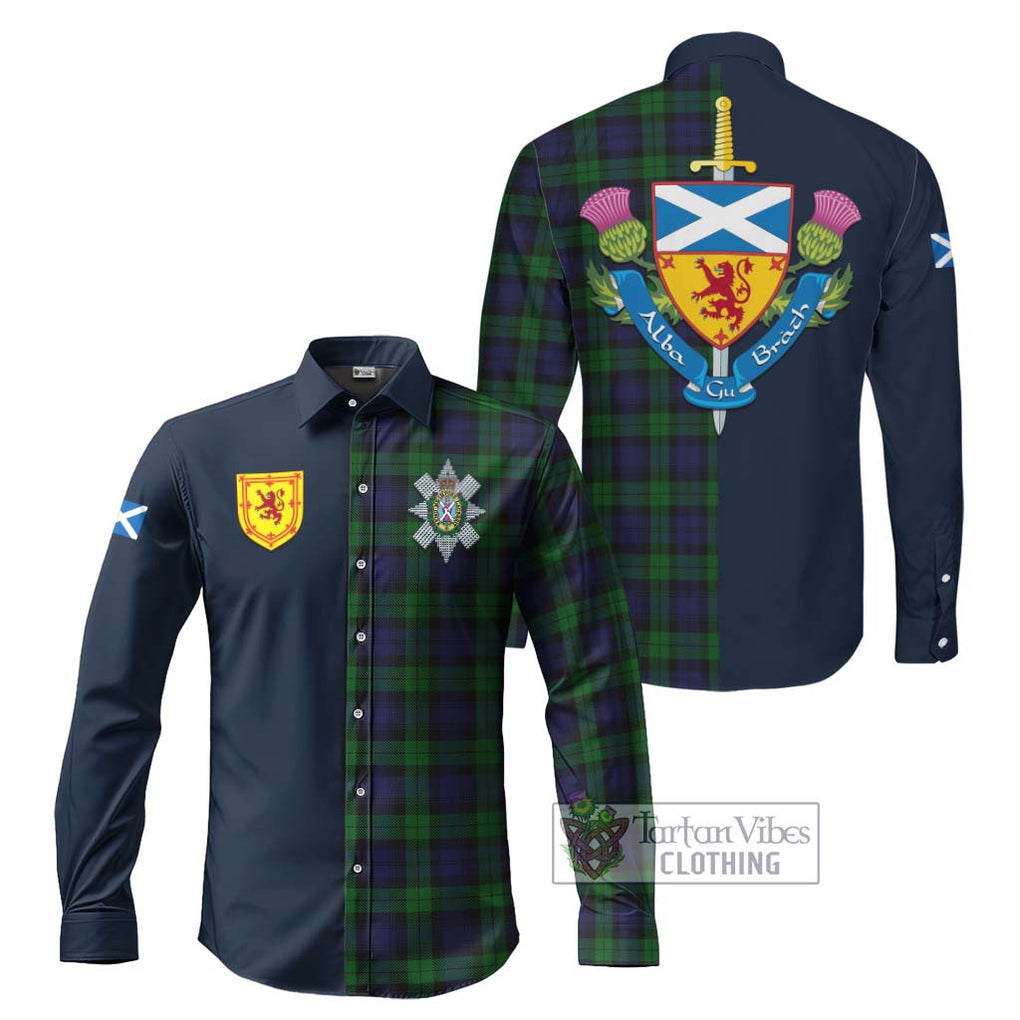 Tartan Vibes Clothing Black Watch Tartan Long Sleeve Button Shirt with Scottish Lion Royal Arm Half Style