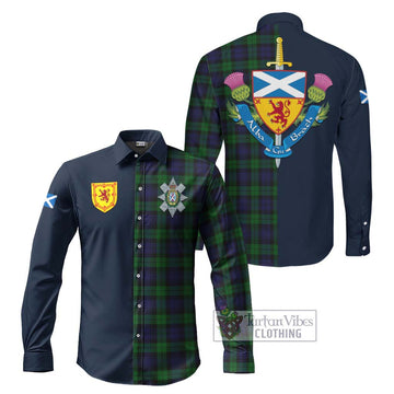 Black Watch Tartan Long Sleeve Button Shirt Alba with Scottish Lion Royal Arm Half Style