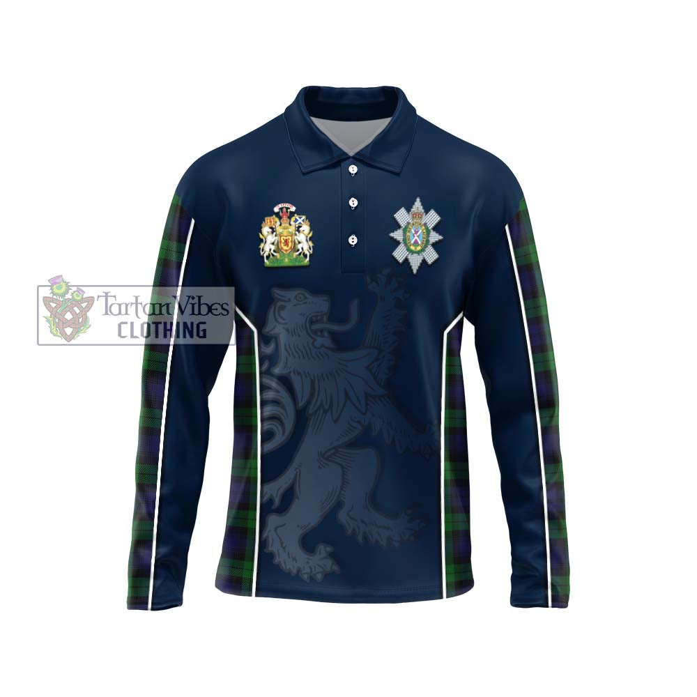 Black Watch Tartan Long Sleeve Polo Shirt with Family Crest and Lion Rampant Vibes Sport Style Unisex - Tartan Vibes Clothing