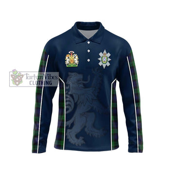 Black Watch Tartan Long Sleeve Polo Shirt with Family Crest and Lion Rampant Vibes Sport Style