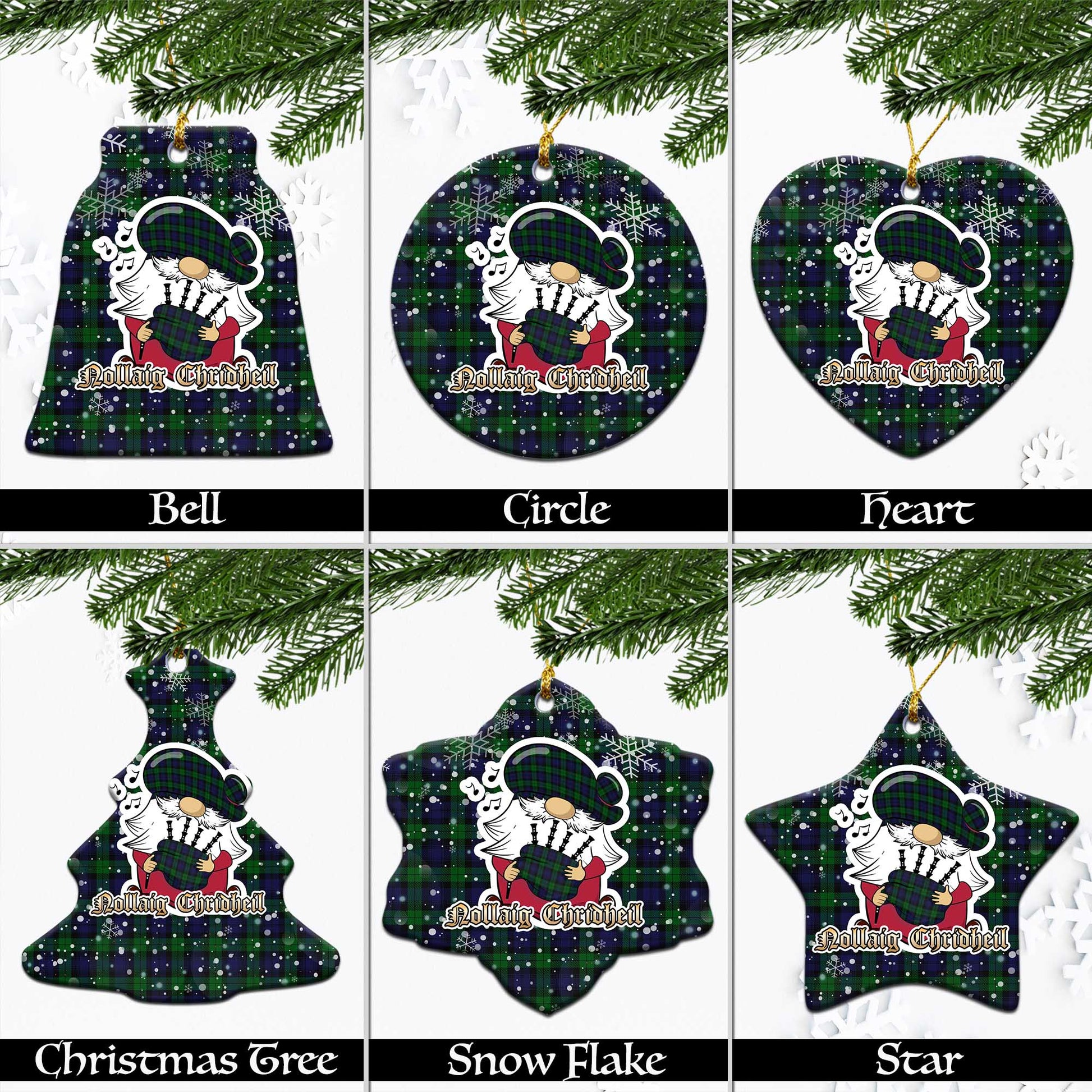 Black Watch Tartan Christmas Ornaments with Scottish Gnome Playing Bagpipes Ceramic - Tartanvibesclothing